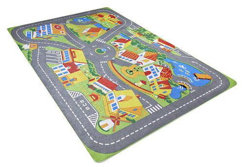 Load image 1 in gallery view. The Zooming Metropolis - Machine-Washable Rug JRC012 (Custom Size) features roads, buildings, a roundabout, playground, pond with boat, and vehicles—ideal for imaginative play with toy cars in busy playrooms or high-traffic areas.