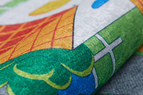 Load image 1 in gallery view. A close-up of the Zooming Metropolis - Machine-Washable Rug JRC012 (Custom Size) showcases its soft, woven texture and vibrant green, yellow, orange, blue, and white geometric and curved shapes—perfect for high-traffic areas.