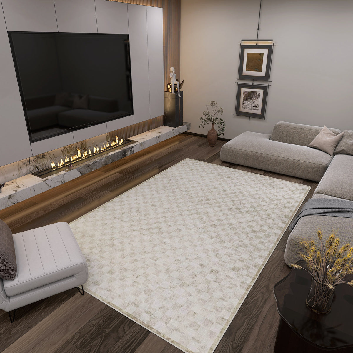 Cream and beige rug with a subtle checkered pattern, styled in a modern living room with dark wood floors.