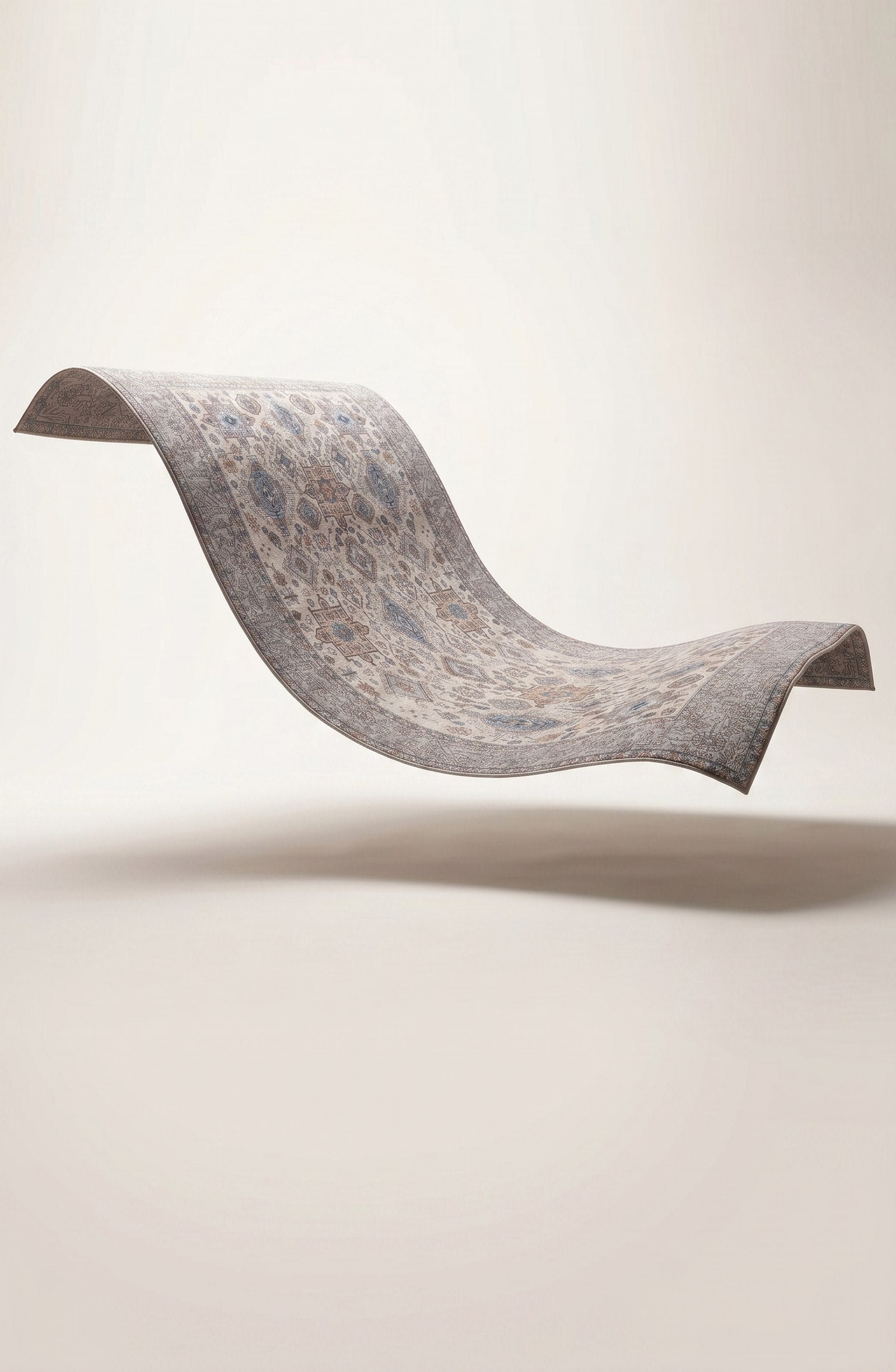 A modern, wavy lounge chair with a textured, distressed gray and beige pattern, floating against a neutral cream background.
