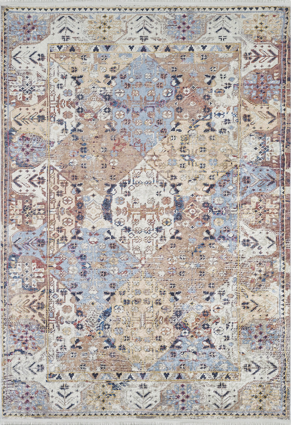 The Native Nature's Washable Rug - JR1666 (Custom Size) showcases intricate geometric patterns in muted blue, beige, brown, and cream. Its vintage distressed look with symmetrical borders is perfect for high-traffic areas and easy to clean.