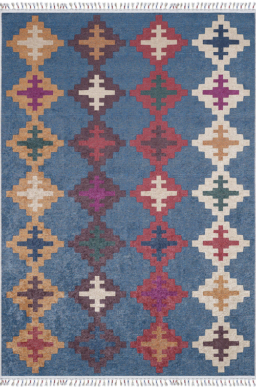 Load image 1 in gallery view. Nomad's Mirage - Washable Rug - JR5032 (Custom Size) features a blue geometric diamond pattern in vibrant colors with short white fringes. It's ideal for high-traffic, allergy-sensitive homes, blending style and practicality.