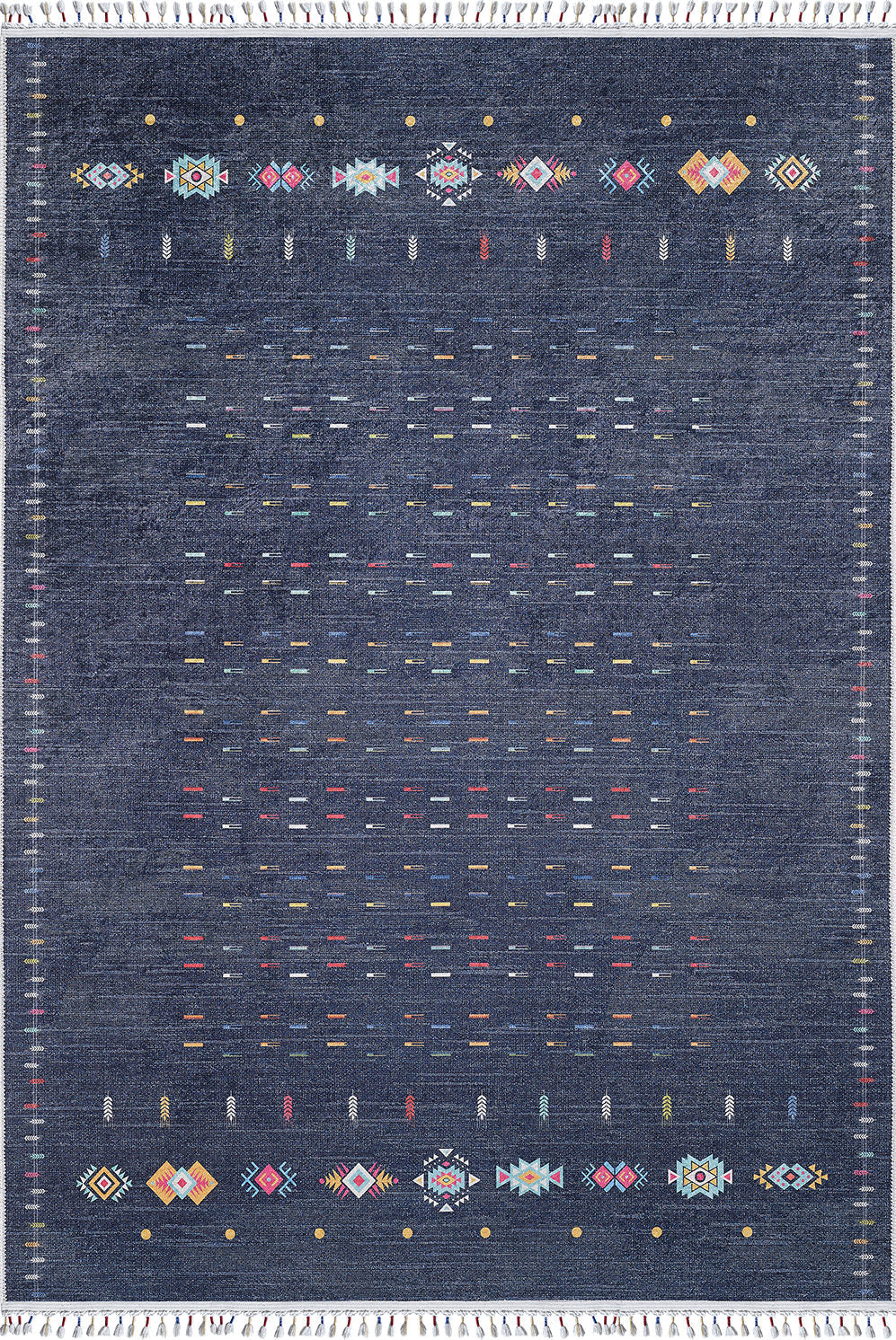 The Wanderer's Way - Washable Rug - JR5101 (Custom Size) is a blue rectangular rug with a dark background, vibrant geometric patterns, large diamond motifs on the ends, and fringed borders. Stylish, convenient, and ideal for high-traffic areas.