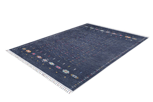 Load image 1 in gallery view. The Wanderer's Way - Washable Rug - JR5101 features a rectangular navy design with colorful geometric patterns and white fringes, ideal for high-traffic areas and shown on a white background. Custom sizes available.