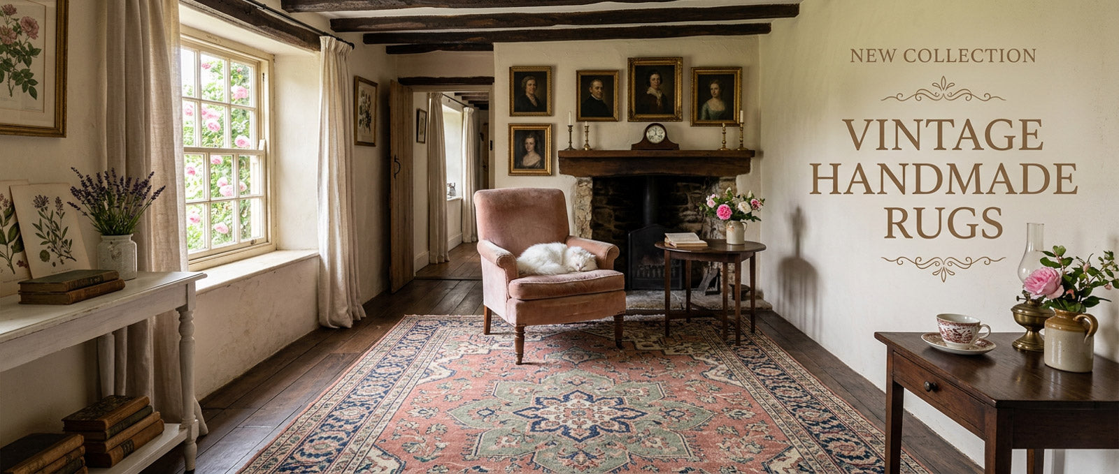 Living room with a vintage handmade rug, furniture, and decorative elements.