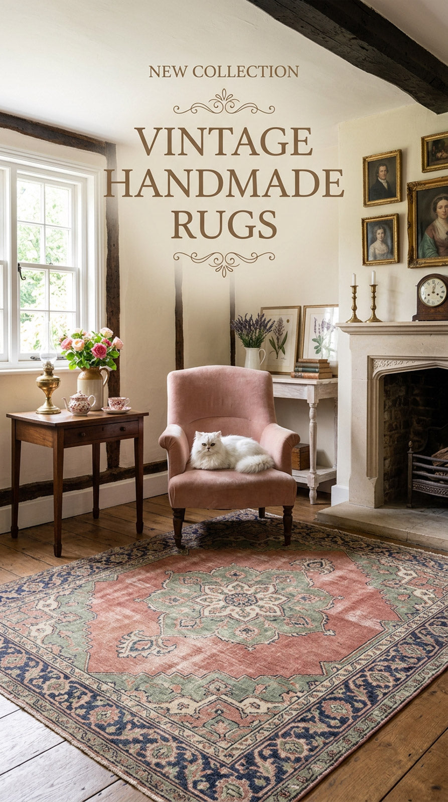 Living room with a vintage handmade rug, pink armchair, and decorative elements.