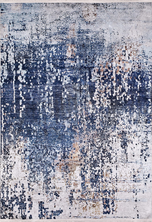 Load image 1 in gallery view. The Abstract Atmosphere - Washable Rug - JR834 features a textured, pixelated distressed pattern in blue, gray, and white with subtle beige accents. This flat weave rug is washable for easy care.