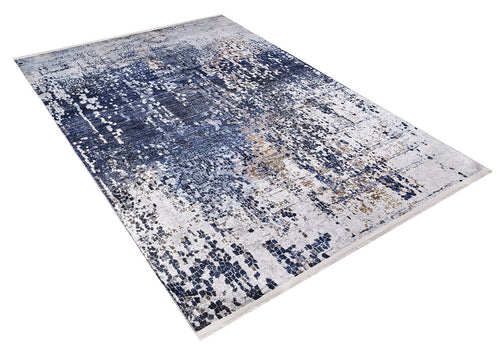Load image 1 in gallery view. The Abstract Atmosphere - Washable Rug - JR834 is a rectangular flat weave with a modern distressed abstract pattern in blue, beige, and white on a light background.