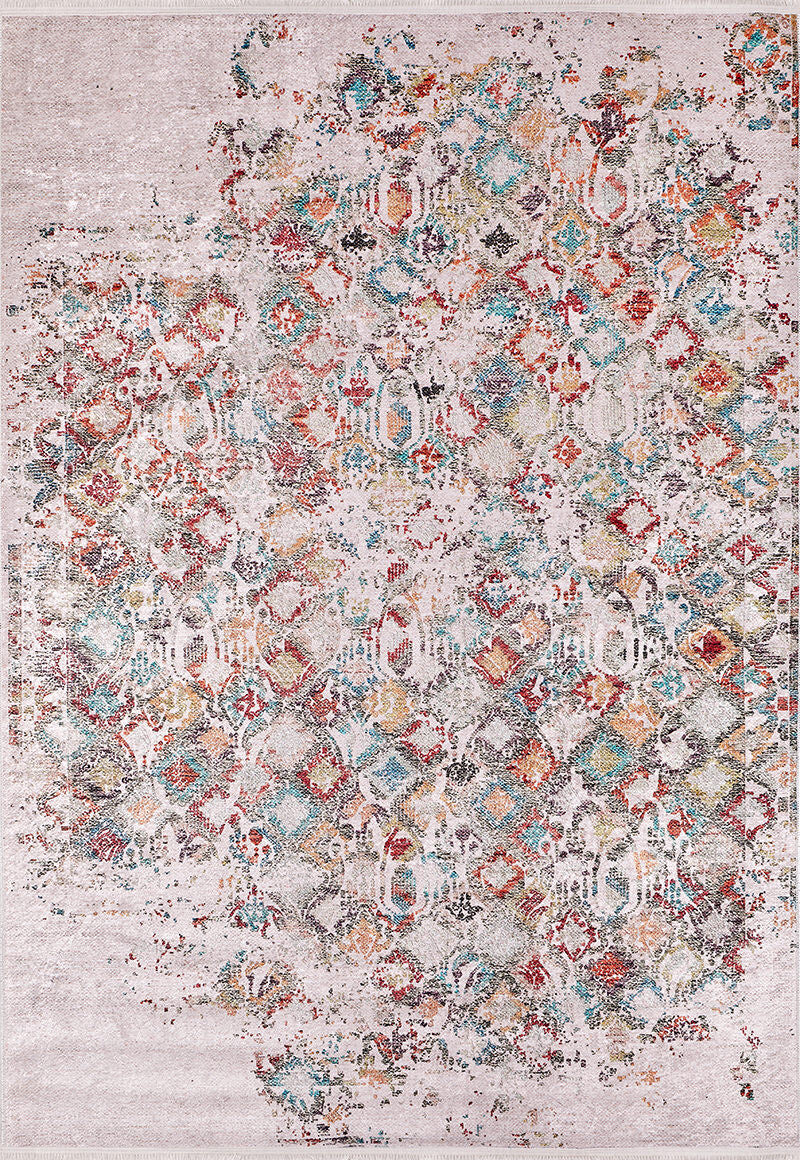 The Aged Mosaic - Washable Rug - JR1096 features a faded, vintage-style geometric pattern in red, blue, gold, and gray on a light beige background with distressed edges for a timeless look.