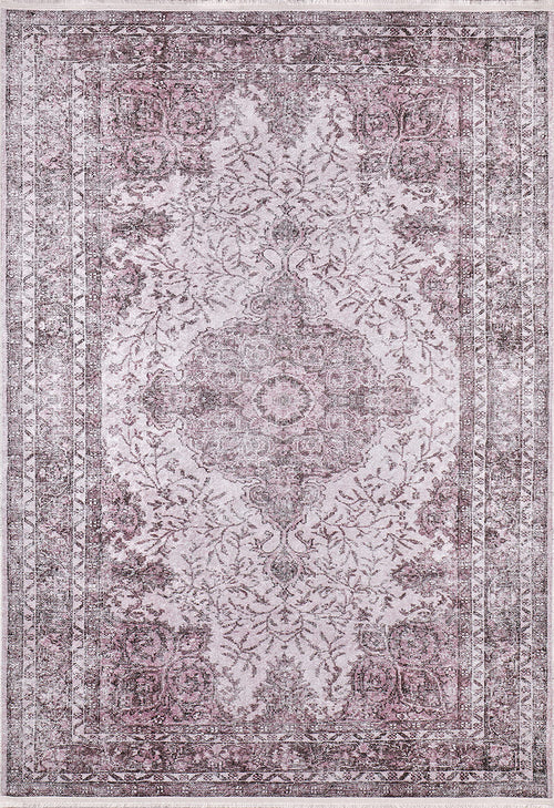 Load image 1 in gallery view. The Ancient Emblem - Washable Rug - JR200 features a rectangular shape with an ornate vintage floral pattern in muted mauve and gray, a central medallion, decorative borders, and intricate detailing—ideal for high-traffic areas.