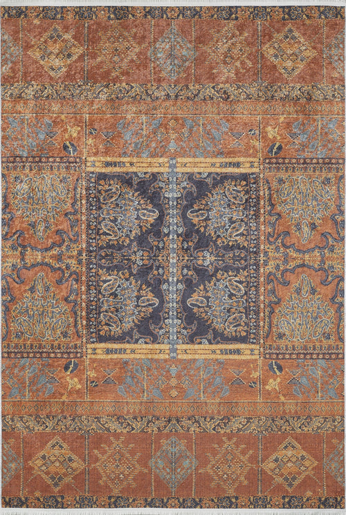 Load image 1 in gallery view. The Ancient Palace - Washable Rug - JR1864 is a durable rectangular orange rug with blue and orange designs, floral and geometric motifs, symmetrical borders, and a detailed central medallion—ideal for high-traffic areas.