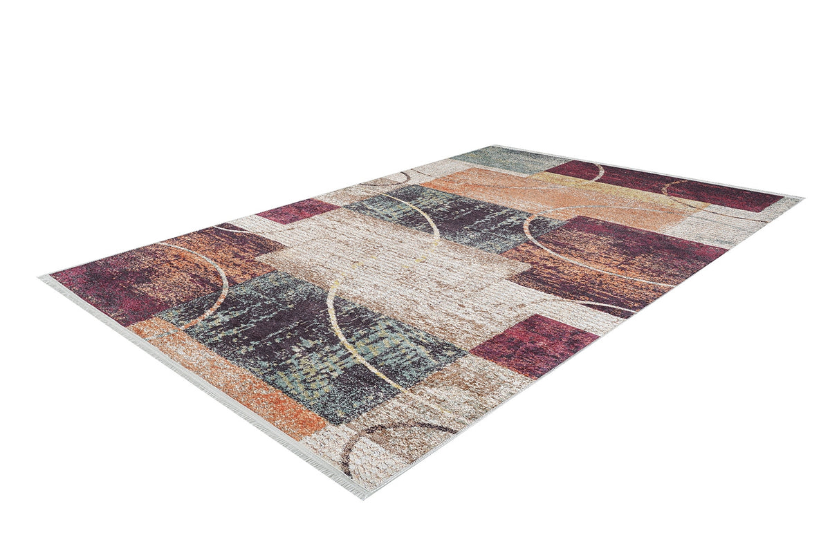 The Angular Beauty - Washable Rug (JR2002) showcases an abstract geometric design in beige, burgundy, olive green, and orange with overlapping rectangles and curved lines—ideal for high-traffic spaces.