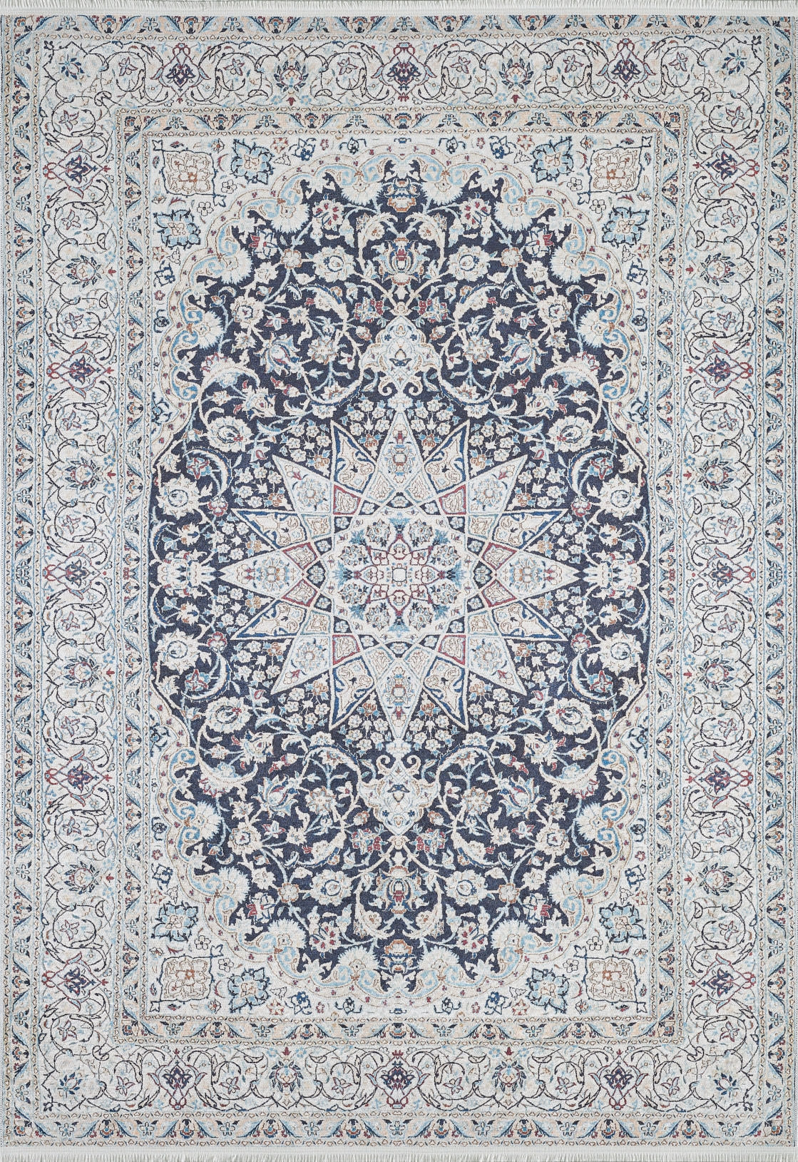The Antique Enchantment - Washable Rug - JR1686 features a large central medallion with star and floral motifs in dark blue, white, and red accents, set within ornate borders of geometric and botanical designs.