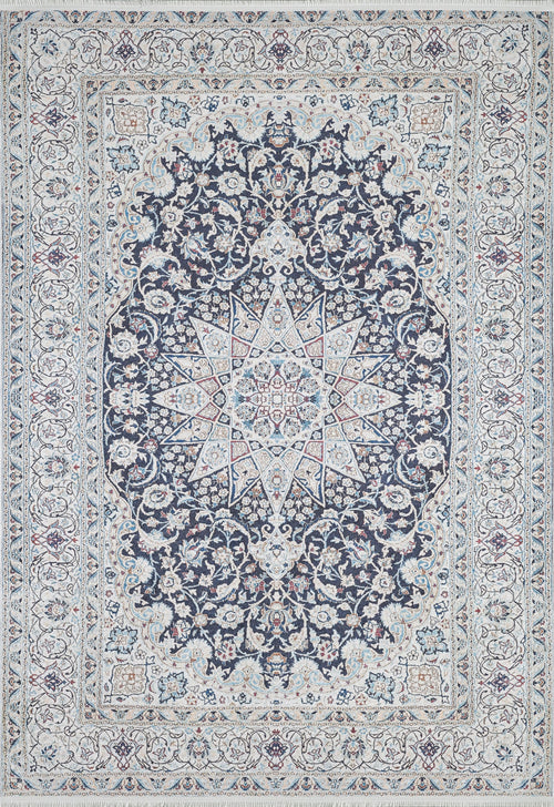 Load image 1 in gallery view. The Antique Enchantment - Washable Rug - JR1686 features a large central medallion with star and floral motifs in dark blue, white, and red accents, set within ornate borders of geometric and botanical designs.