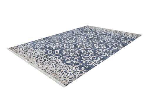 Load image 1 in gallery view. The Antique Flourish - Washable Rug - JR1591 is a blue rug with white floral and geometric patterns plus a wide decorative border, ideal for high-traffic areas and easy to maintain.