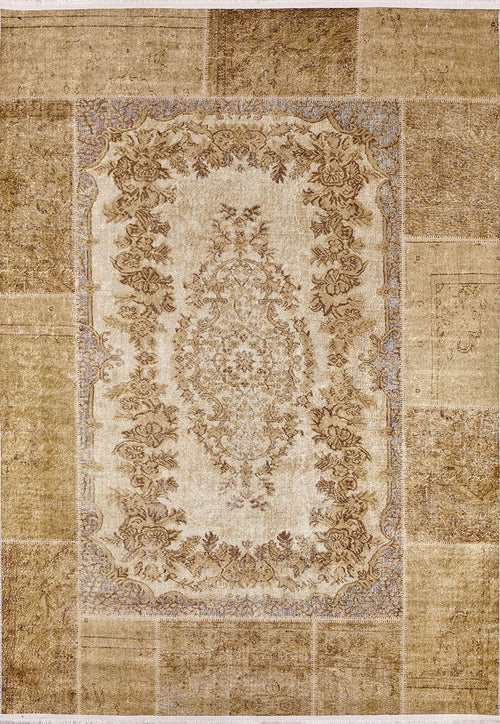 Load image 1 in gallery view. The Antique Insignia - Washable Rug - JR309 is a rectangular vintage-style rug with a central ornate floral medallion in beige and brown, plus a muted patchwork border—perfect for high-traffic areas.