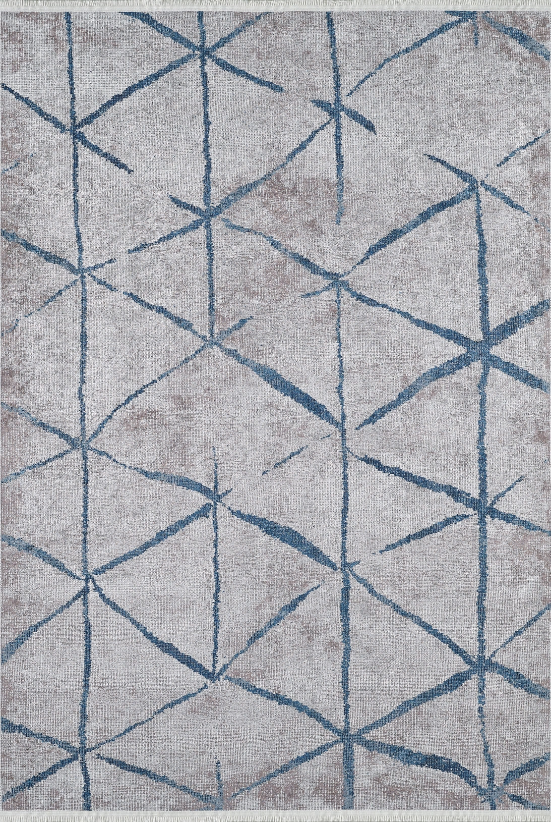 The Arabesque Trellis - Washable Rug - JR1732 has a light grey background with blue intersecting lines forming abstract diamonds. Its slightly mottled finish is perfect for high-traffic, allergy-sensitive homes and is easy to clean.