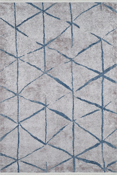 Load image 1 in gallery view. The Arabesque Trellis - Washable Rug - JR1732 has a light grey background with blue intersecting lines forming abstract diamonds. Its slightly mottled finish is perfect for high-traffic, allergy-sensitive homes and is easy to clean.