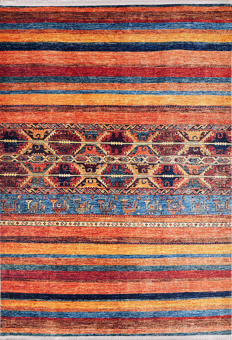 The Arctic Chill - Washable Rug - JR860 features vibrant horizontal stripes in orange, red, blue, and yellow with a central band showcasing geometric and animal motifs—perfect for high-traffic areas and easy to clean.