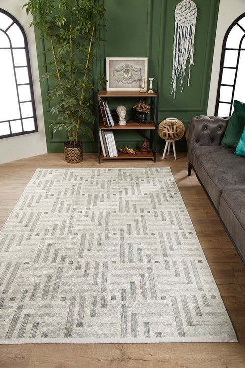 Load image 1 in gallery view. A modern living room featuring the Art Deco Chic - Washable Rug - JR1832 in cream and beige on wooden floors, a gray sofa with green cushions, a decorated green wall, potted plant, bookshelf, and a large window with black trim.