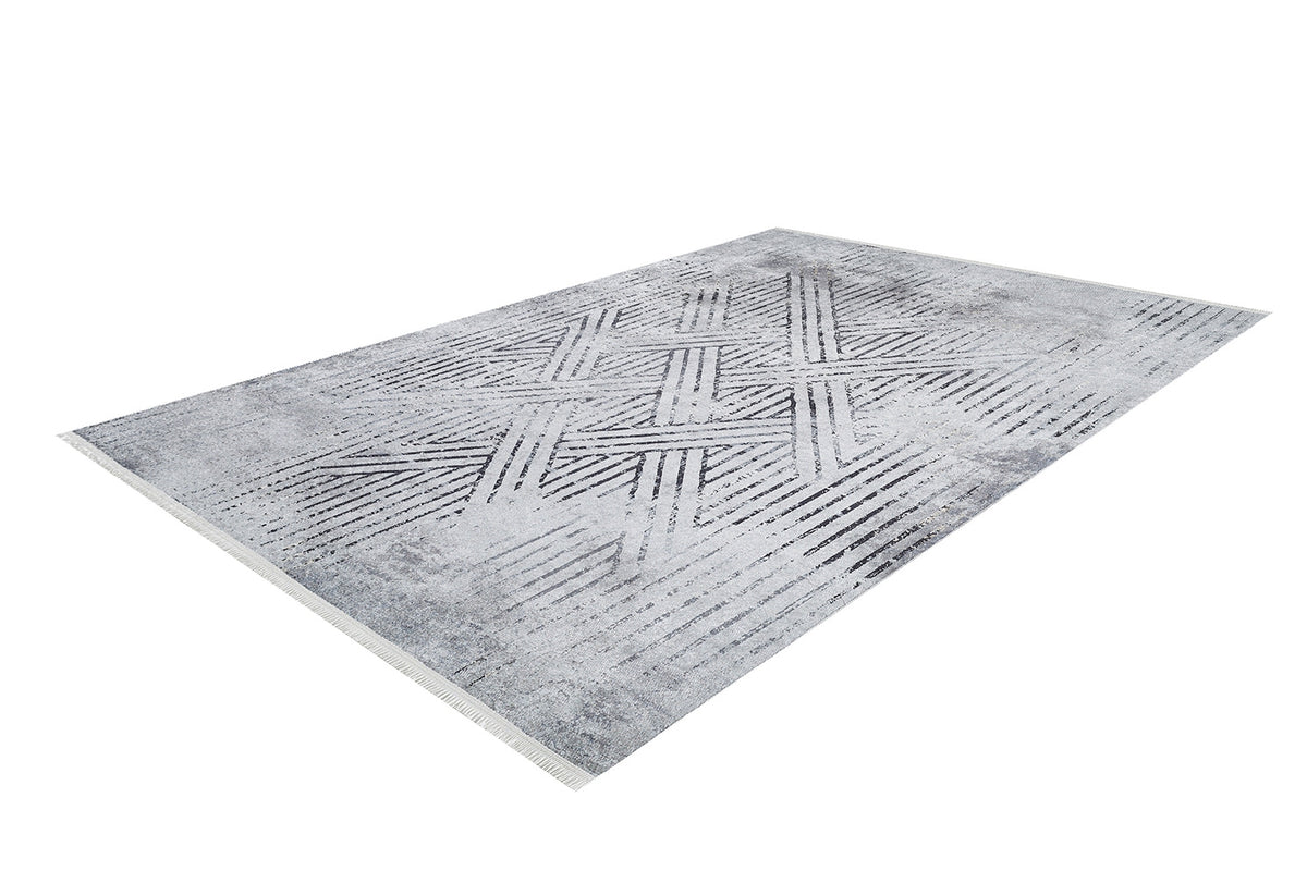 The Art Deco Empress - Washable Rug - JR1867 is a rectangular gray-anthracite rug with a modern geometric crisscross pattern, subtle textured lines, and fringed short edges—perfect for high-traffic areas.