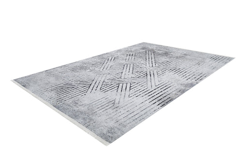 Load image 1 in gallery view. The Art Deco Empress - Washable Rug - JR1867 is a rectangular gray-anthracite rug with a modern geometric crisscross pattern, subtle textured lines, and fringed short edges—perfect for high-traffic areas.