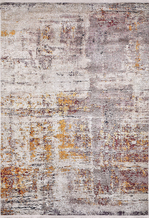Load image 1 in gallery view. The Artistic Abstraction - Washable Rug - JR775 features an abstract, irregular textured pattern in gray, white, beige, mustard yellow, and rust tones for a modern look.
