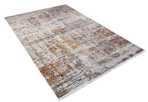Load image 1 in gallery view. The Artistic Abstraction - Washable Rug - JR775 is a rectangular flat weave rug featuring an abstract pattern in muted gray, beige, and gold tones, shown on a white background.