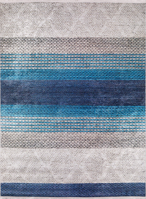 Load image 1 in gallery view. The Artistic Angles - Washable Rug - JR908 features horizontal stripes in blue, gray, and white with thick and thin bands plus subtle diamond patterns—perfect for high-traffic areas.