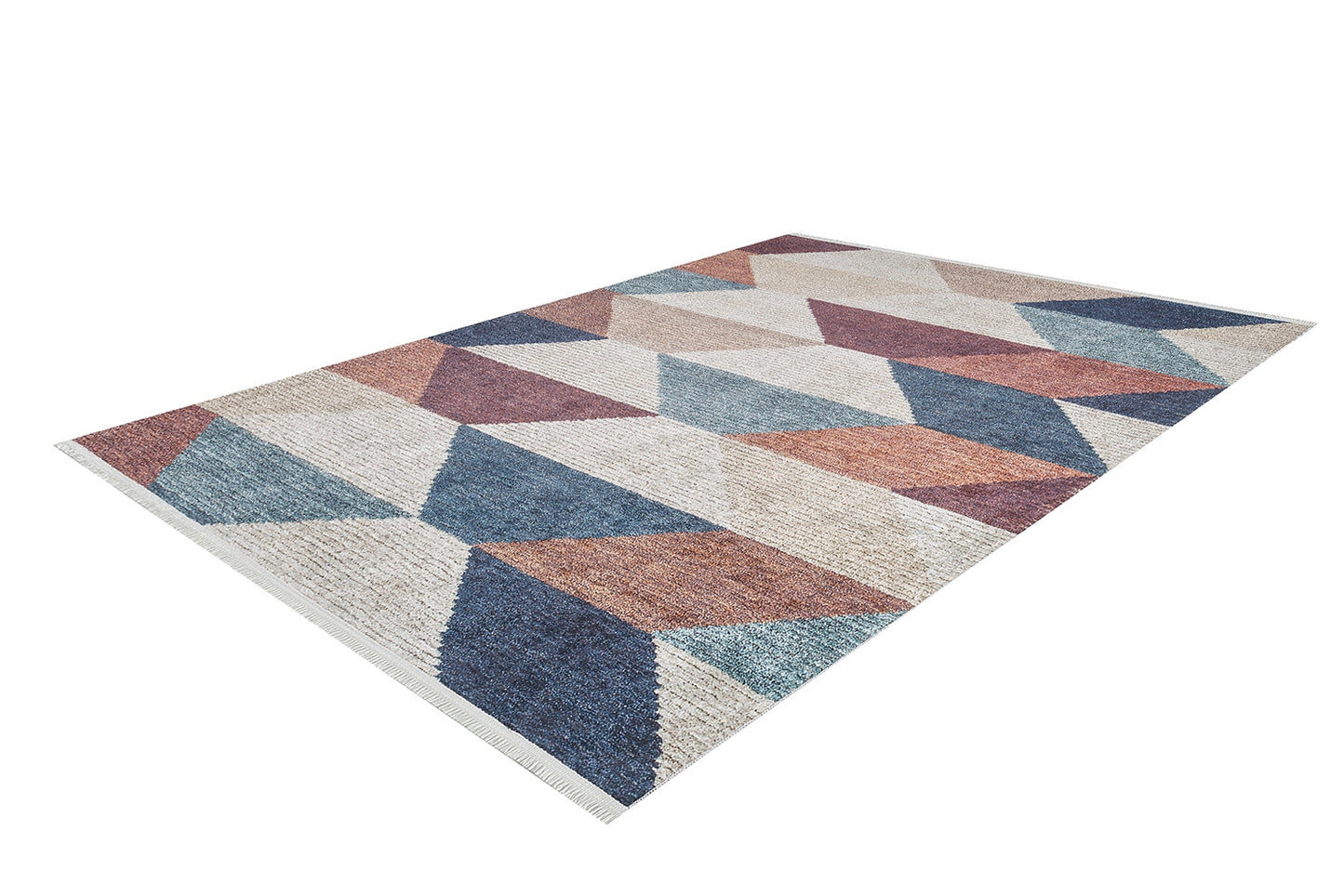 The Asymmetrical Wonder - Washable Rug - JR1725 features a geometric pattern of triangles and diamonds in blue, rust, beige, and cream on white—washable for easy care and perfect for high-traffic areas.