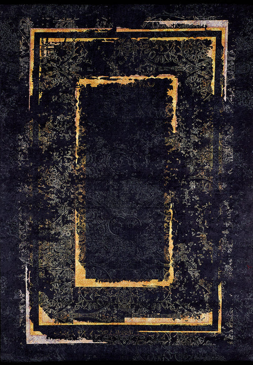 Load image 1 in gallery view. The Azure Glow - Washable Rug - JR1337 features a dark, textured black background with subtle floral patterns and overlapping golden frames, creating a layered, vintage look that's stylish and durable—ideal for high-traffic spaces. Distressed gold borders add elegant detail.