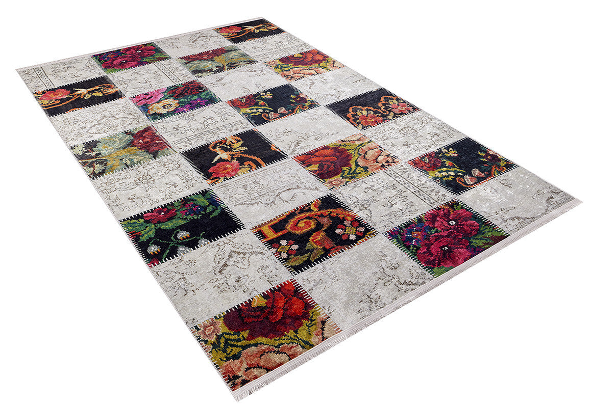 The Blooming Paradise - Washable Rug - JR188 features vibrant floral patchwork squares with white embroidery in a grid, blending colorful and neutral tones—perfect for high-traffic areas and easy to keep clean.