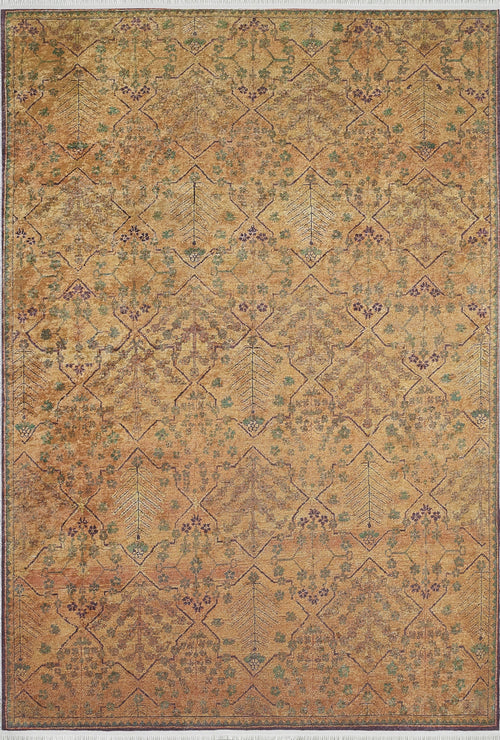 Load image 1 in gallery view. The Blossom Breeze - Washable Rug - JR1752 features a vintage, ornate look with intricate geometric and floral patterns in muted gold, brown, green, and purple. Its flat weave design is practical and washable with symmetrical repeating motifs.