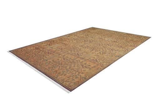 Load image 1 in gallery view. The Blossom Breeze - Washable Rug - JR1752 is a large rectangular flat weave rug featuring a detailed gold and brown floral and geometric pattern, decorative border, short white fringe on the ends, and is easy to care for as it’s washable.