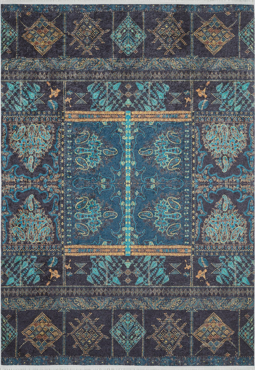 Load image 1 in gallery view. The Blossoming Bazaar - Washable Rug - JR1862 features intricate blue and teal geometric and floral patterns, highlighted with gold and turquoise on a dark blue background. Durable, washable, and perfect for high-traffic areas with ornate medallion and border details.