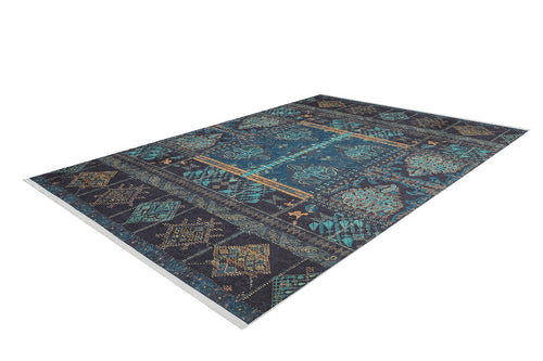 Load image 1 in gallery view. The Blossoming Bazaar - Washable Rug (JR1862) is a rectangular rug with a dark blue background, detailed teal and gold geometric and floral patterns, perfect for high-traffic areas and shown on a white surface.
