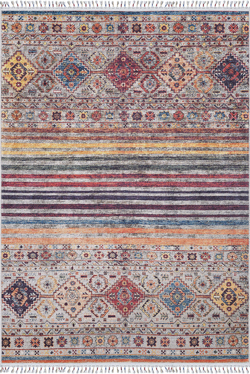 Load image 1 in gallery view. The Bohemian Bouquet - Washable Rug - JR5090 features vibrant multicolor geometric patterns, including diamonds and floral motifs in red, yellow, blue, and orange. With allergy-friendly materials, it has horizontal stripes and decorative fringes on both ends.