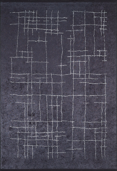Load image 1 in gallery view. The Bohemian Illusion - Washable Rug - JR1953 is a dark, textured flat weave black rug with an abstract grid of uneven white lines, creating an irregular geometric design across its washable surface.