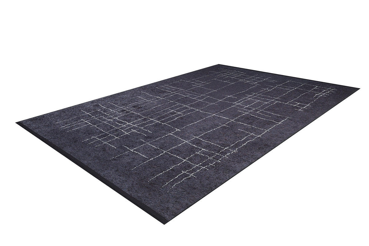 The Bohemian Illusion - Washable Rug - JR1953 is a rectangular, dark gray flat weave rug with a subtle white geometric grid pattern, shown on a white background.