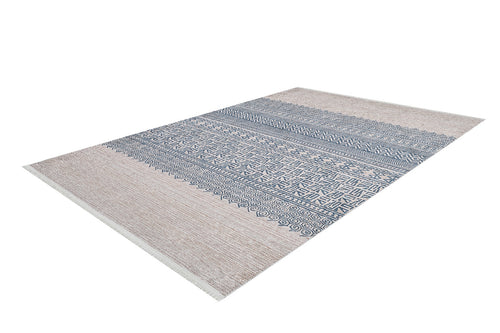 Load image 1 in gallery view. The Bohemian Nights - Washable Rug - JR1585 features a rectangular beige background with blue geometric patterns in horizontal bands, perfect for allergy-sensitive homes and high-traffic areas.