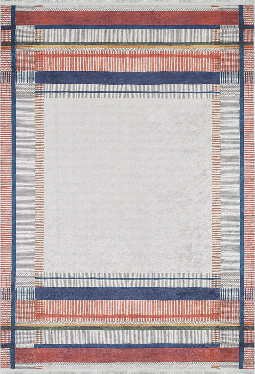 Load image 1 in gallery view. The Bohemian Nightscape - Washable Rug (JR1701) features a central white area framed by red, blue, and light gray geometric patterns in a grid-like design—ideal for high-traffic spaces.