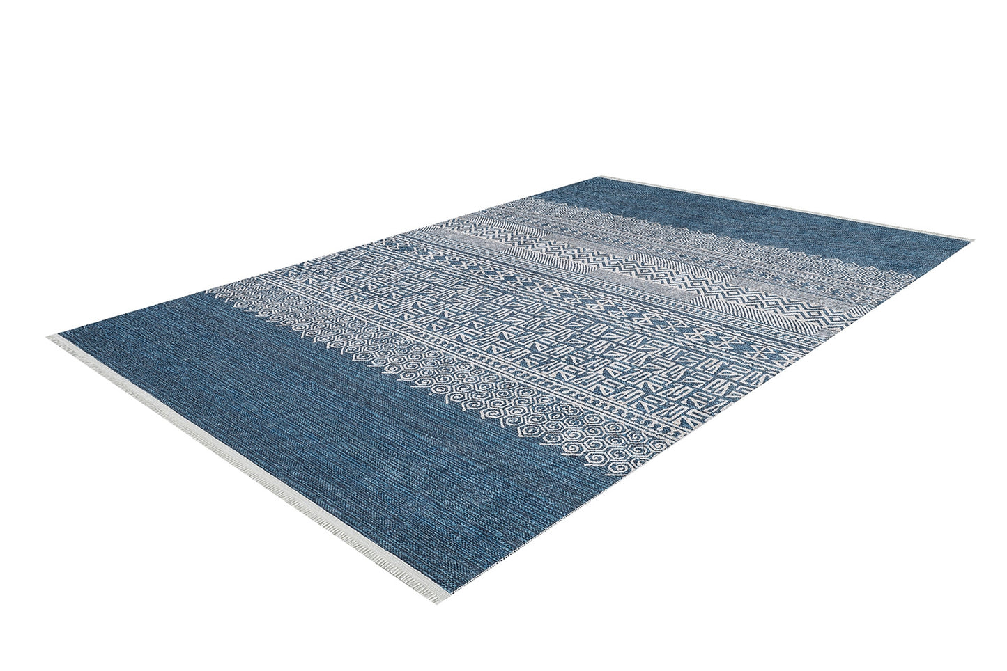 The Bohemian Retreat - Washable Rug - JR1589 features blue tones with white geometric and patterned designs across its width, making it perfect for high-traffic areas. Shown on a plain white background.