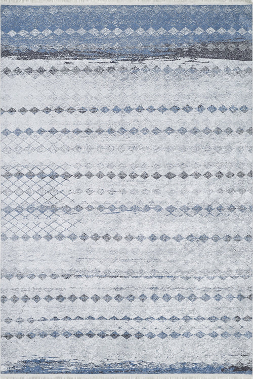 Bild 1 in Galerieansicht laden. The Bohemian Reverie - Washable Rug - JR1974 (Outlet) US features a light gray background with blue and gray geometric diamond patterns, offering a modern, textured look that's perfect for high-traffic areas and adds subtle elegance to your space.