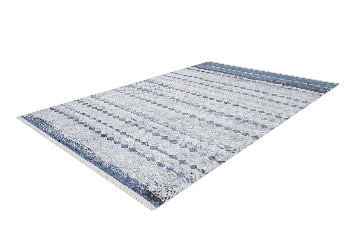 The Bohemian Reverie - Washable Rug - JR1974 (Outlet) US is a rectangular, gray-anthracite rug with blue and gray geometric diamond and stripe designs on white—stylish, easy to maintain, and ideal for high-traffic areas.
