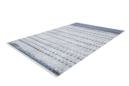 Bild 1 in Galerieansicht laden. The Bohemian Reverie - Washable Rug - JR1974 (Outlet) US is a rectangular, gray-anthracite rug with blue and gray geometric diamond and stripe designs on white—stylish, easy to maintain, and ideal for high-traffic areas.