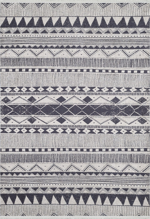 Load image 1 in gallery view. The Bohemian Sunrise - Washable Rug (JR1713) features a black and white geometric design with triangles, diamonds, zigzags, lines, and dots—perfect for high-traffic areas in your home.
