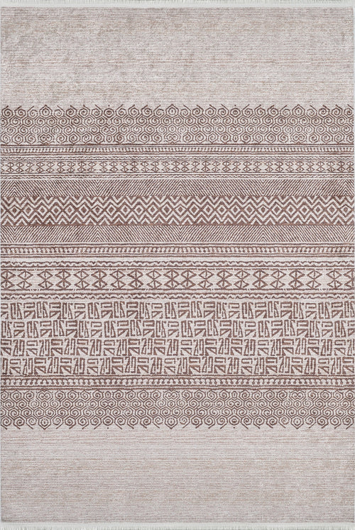 Load image 1 in gallery view. The Bohemian Treasure - Washable Rug - JR1586 features beige and brown horizontal bands with geometric and ornate patterns—spirals, diamonds, and abstract motifs—creating an intricate design ideal for high-traffic areas.