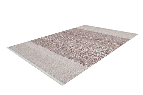 Load image 1 in gallery view. The Bohemian Treasure - Washable Rug - JR1586 is a rectangular beige rug with brown geometric and tribal patterns, subtle fringe on the short edges, and horizontal detailing—ideal for high-traffic areas and easy to clean.