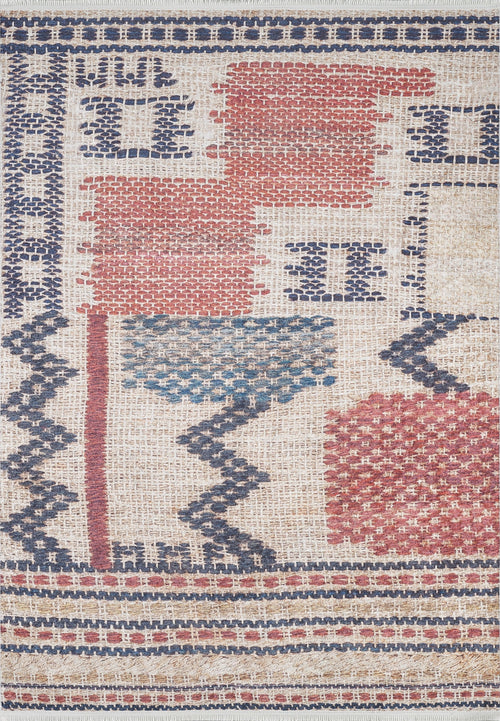 Bild 1 in Galerieansicht laden. The Boho Bliss - Washable Rug - JR1723 features a flat weave with geometric patterns in red, blue, and beige, including rectangles, squares, zigzag lines, and a grid border for a textured, hand-crafted look.