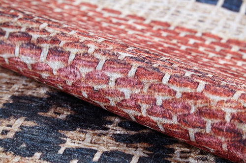 Bild 1 in Galerieansicht laden. Close-up of the Boho Bliss - Washable Rug - JR1723 shows its textured flat weave and geometric pattern in red, cream, and beige tones—highlighting the intricate design and raised surface for stylish, easy-care decor.